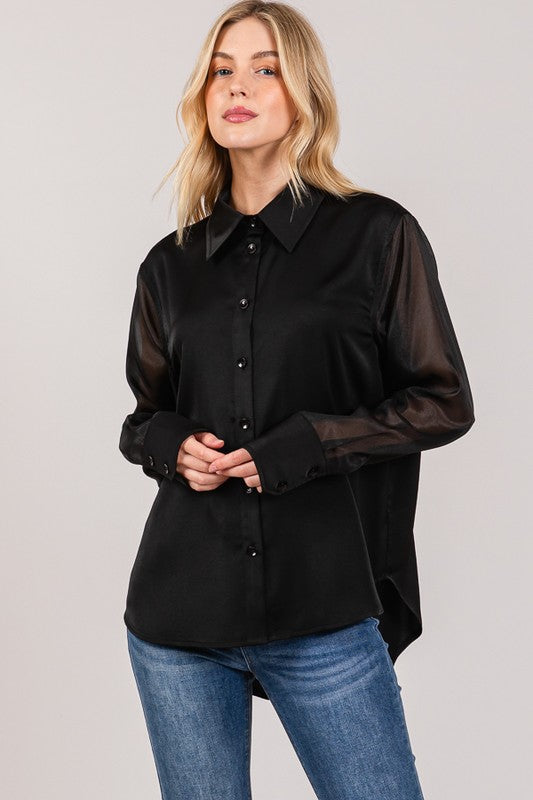 Satin Organza Contrast Sheer Dress Shirt | Black