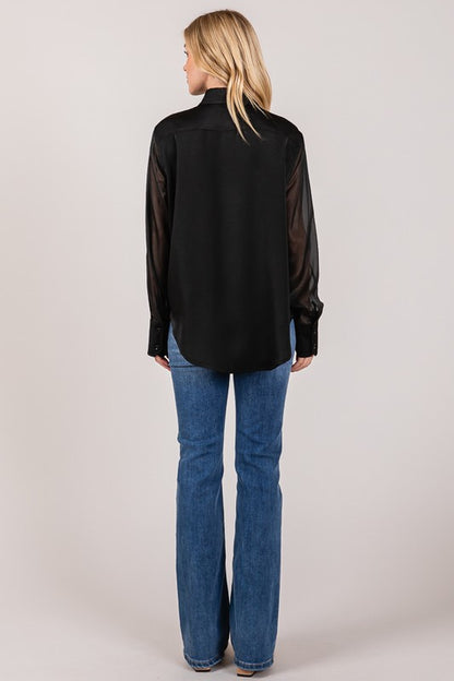 Satin Organza Contrast Sheer Dress Shirt | Black Yes, Grace Boutique Satin Organza Contrast Sheer Dress Shirt | Black Yes, Grace Boutique
