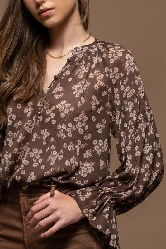 FLORAL LONG SLEEVE BLOUSE | Brown Multi