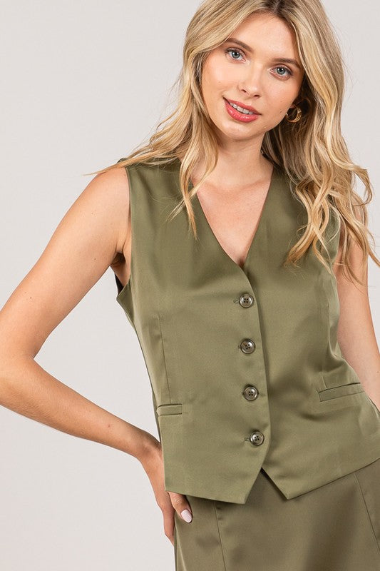 Stella | Satin Tailored Vest | Olive