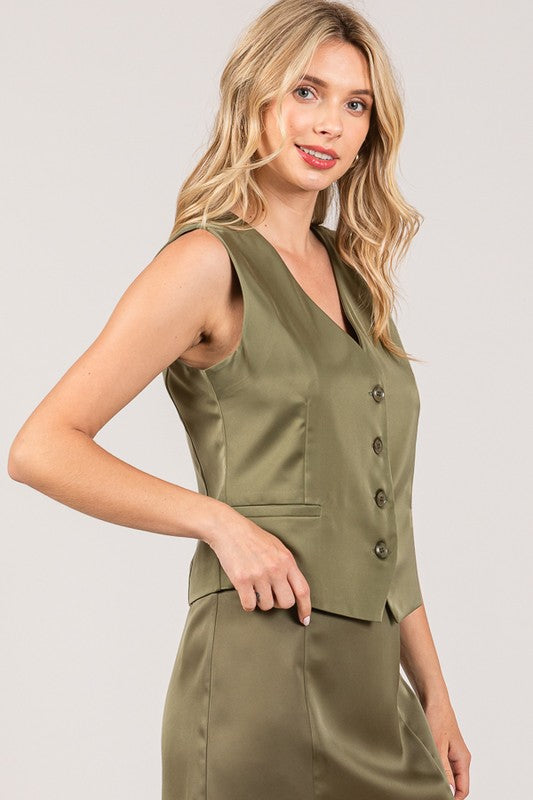 Stella | Satin Tailored Vest | Olive