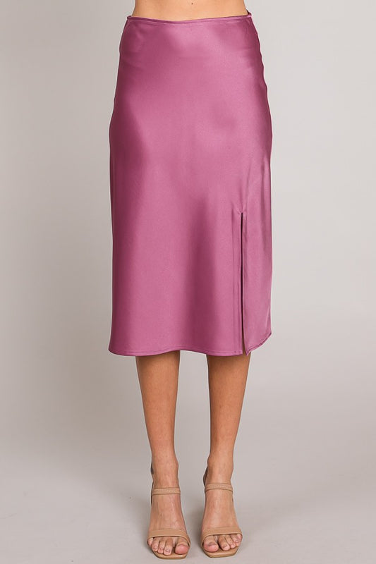 Satin Front Slit Midi Skirt | Berry