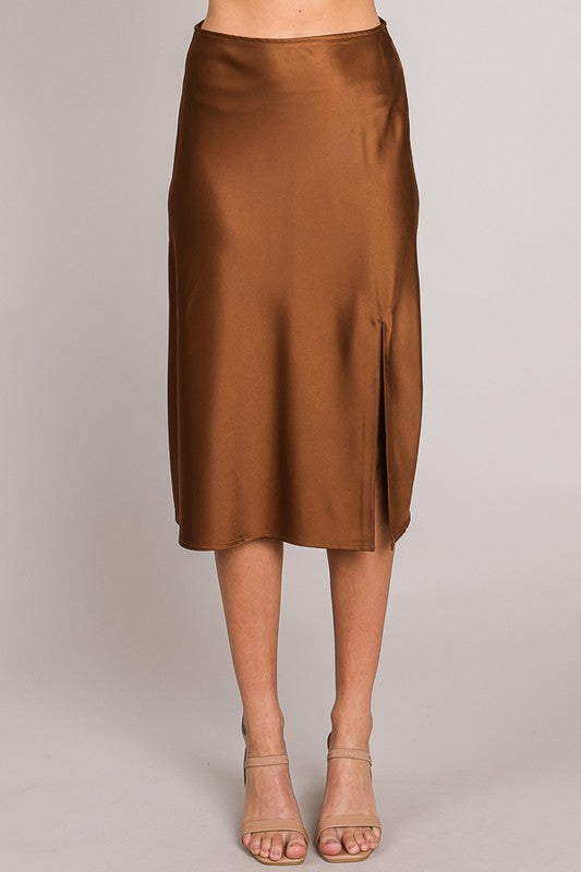 Alexis | Satin Front Slit Midi Skirt | Cafe