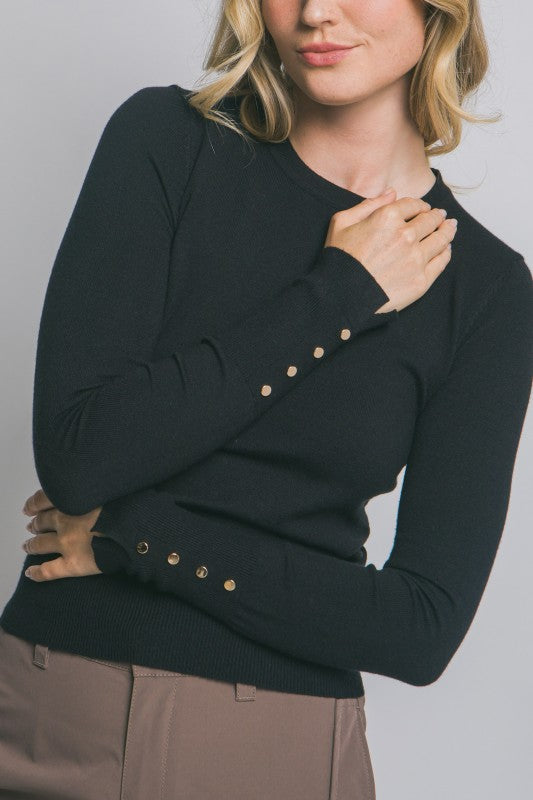Black Gold | Black Fitted Golden Button Sleeve Sweater