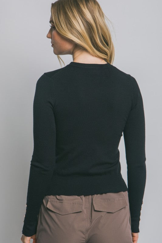 Black Gold | Black Fitted Golden Button Sleeve Sweater