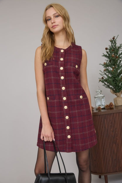 Plaid Tweed Button Down Sleeveless Mini Dress
