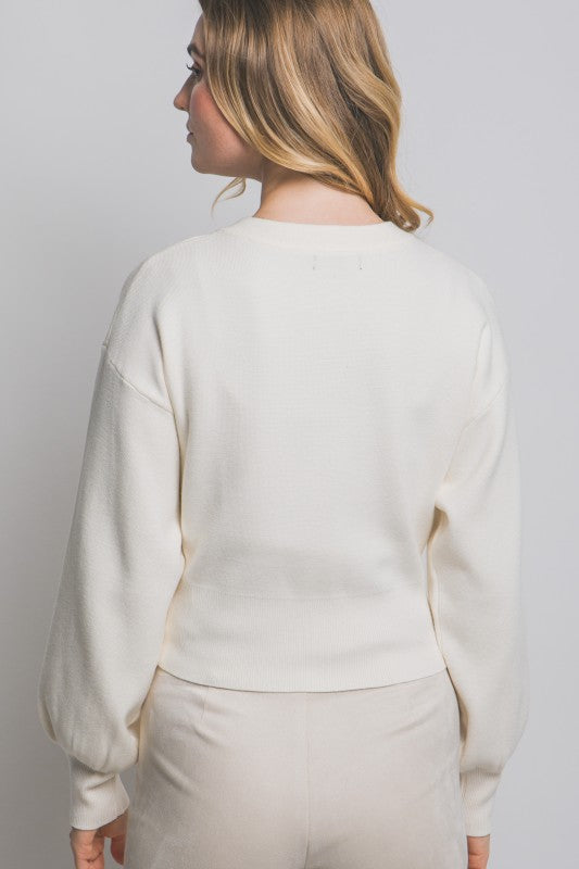 Ice Princess | Ivory Round Neck Puff Sleeve Cardigan