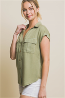 Woven Solid Short Sleeve Button Front Top | LT.OLIVE