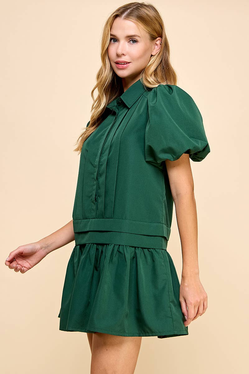 Enchanted Forrest -Pleat Detail Puff Sleeves Shirt Dress