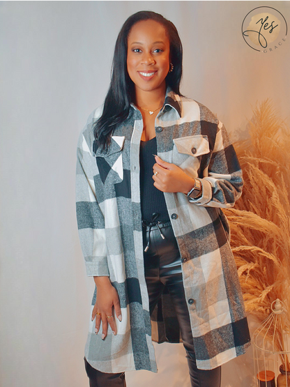 Campfire Cutie  | Long Plaid Black and White  Overcoat