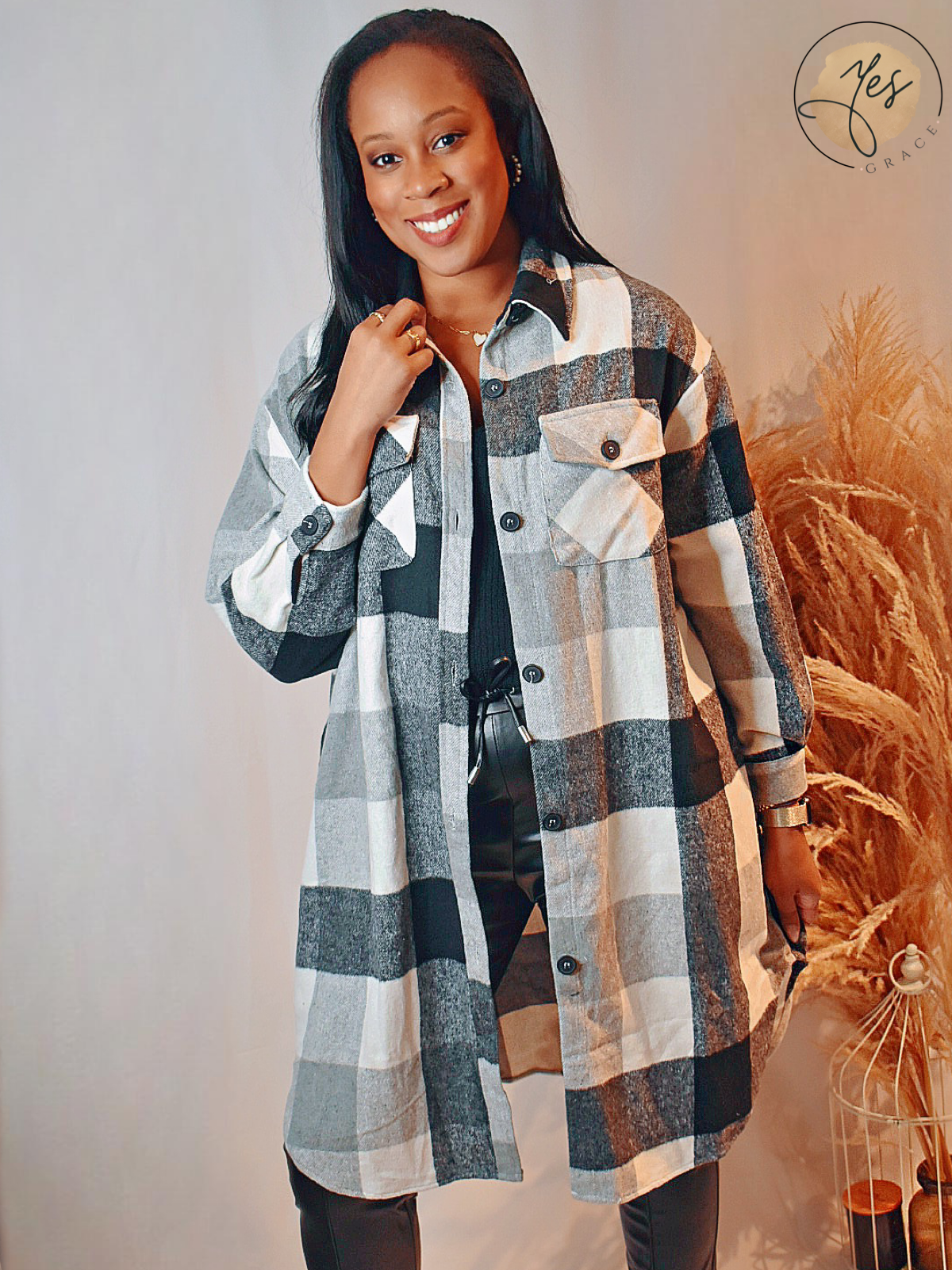 Campfire Cutie  | Long Plaid Black and White  Overcoat