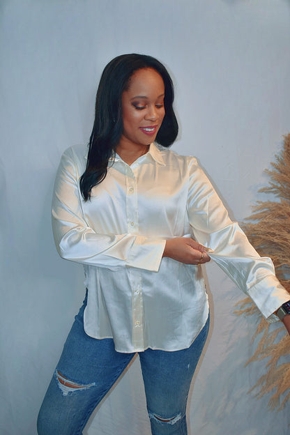 The Option | Ivory Satin Button Up Top