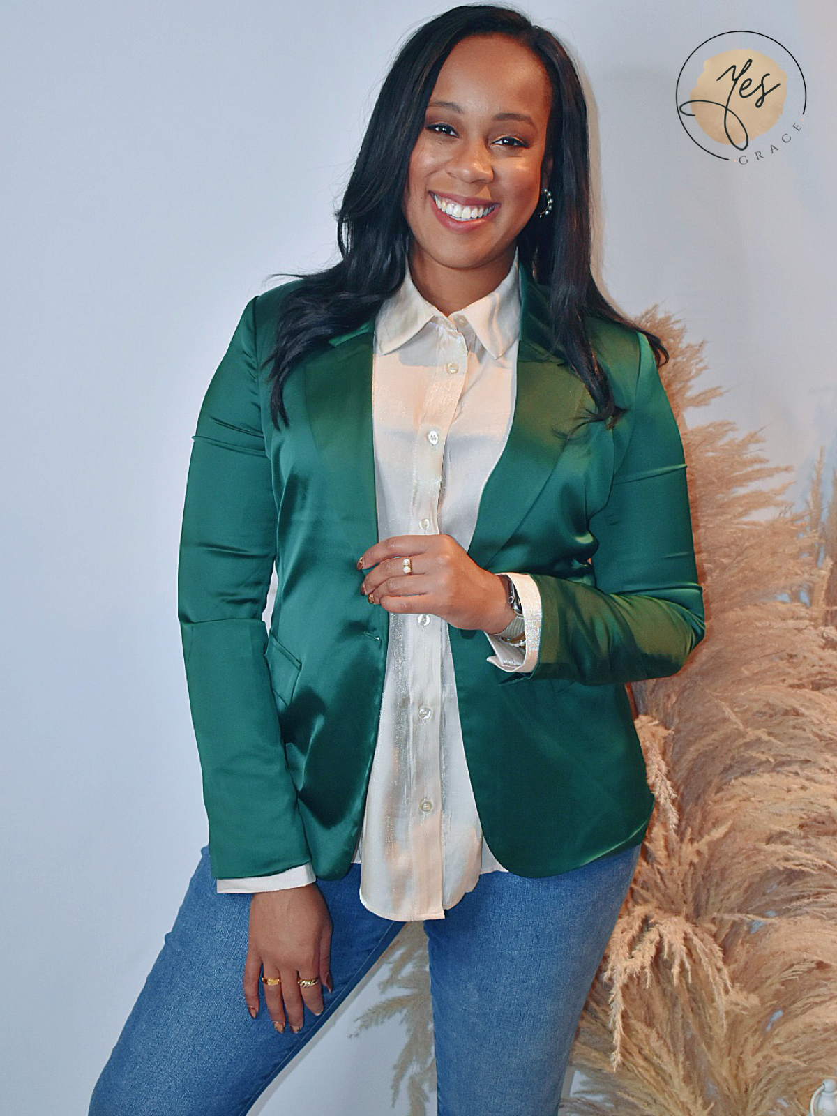 Concur It All | Dark Green Satin Blazer