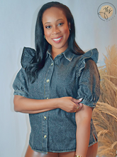 Load image into Gallery viewer, Denim Dream | DENIM BLOUSE WITH RUFFLED SHOULDER - Black
