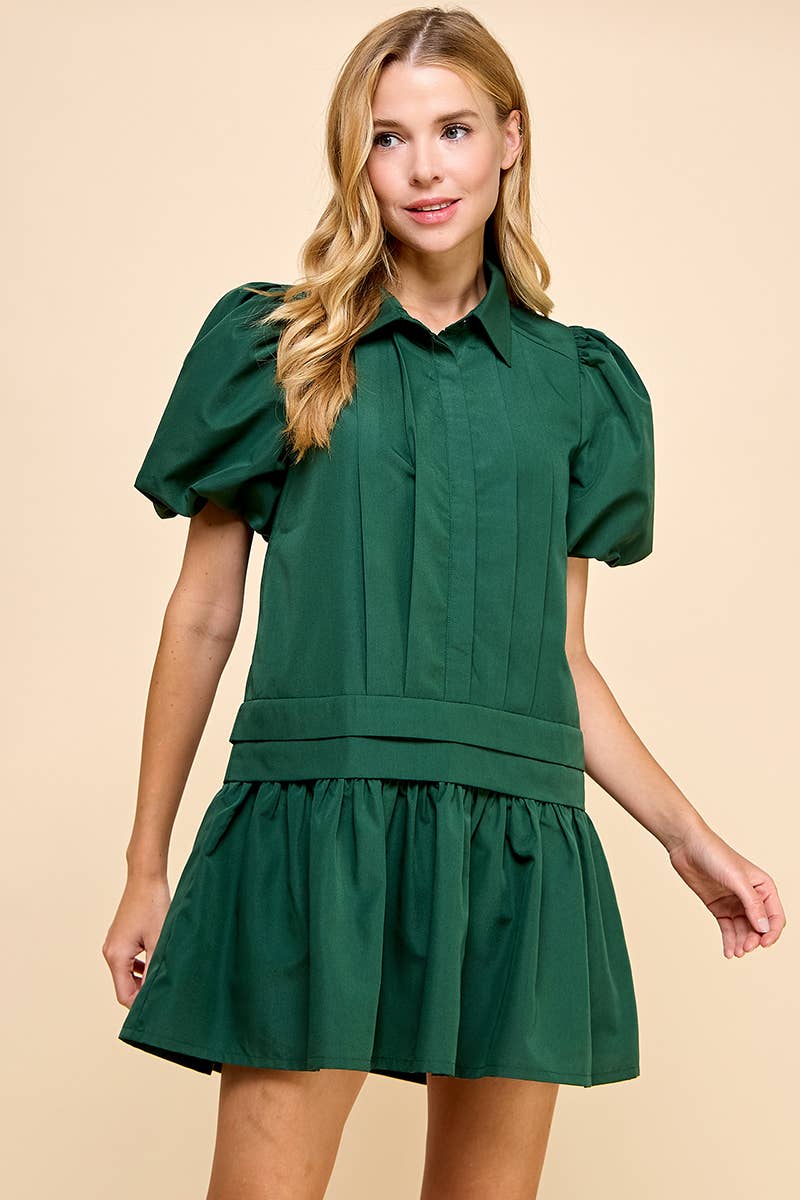 Enchanted Forrest -Pleat Detail Puff Sleeves Shirt Dress