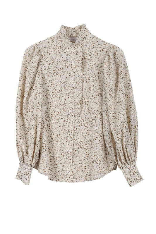 Fall Time Flirt | Stand collar floral frill blouse