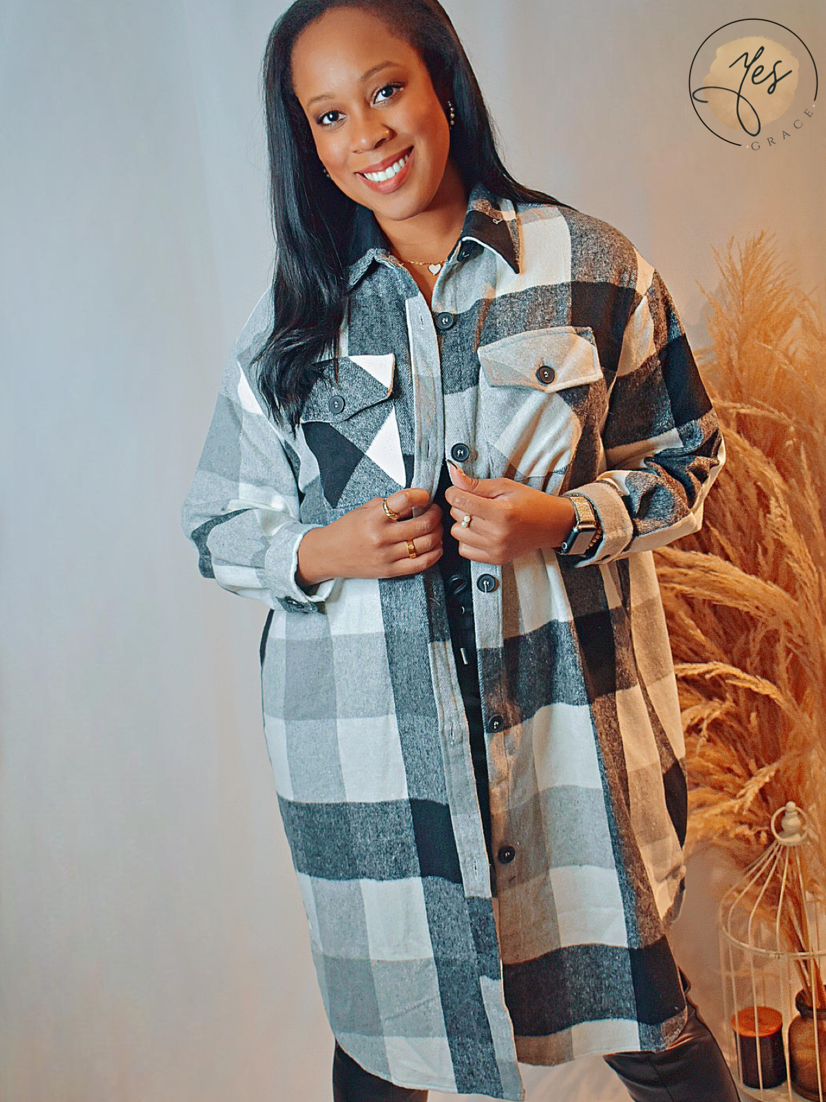 Campfire Cutie  | Long Plaid Black and White  Overcoat