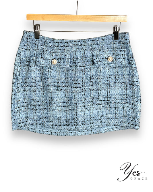 Ansley | Detailed Tweed Mini Skirt | Blue & Black Tweed