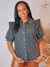Load image into Gallery viewer, Denim Dream | DENIM BLOUSE WITH RUFFLED SHOULDER - Black
