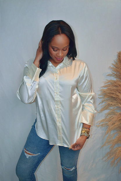 The Option | Ivory Satin Button Up Top