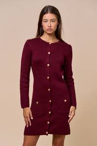Enticing | Wine LONG SLEEVE BUTTON DOWN SWEATER DRESS