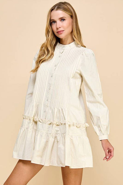 Eloise | Button Down Pleated Detail Dress | Ivory