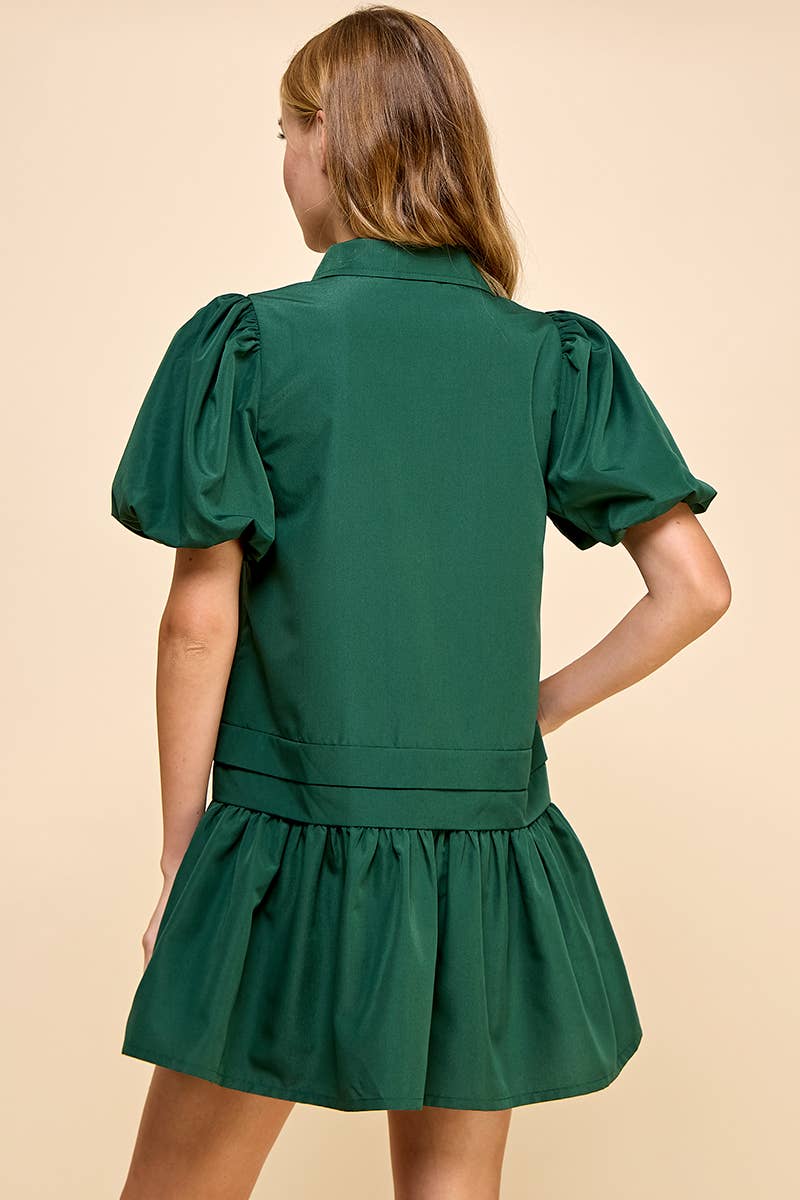 Enchanted Forrest -Pleat Detail Puff Sleeves Shirt Dress