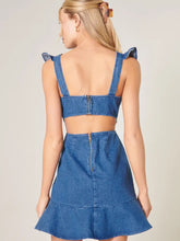 Load image into Gallery viewer, American Dreamin&#39; | Denim Back Cut Out Ruffle Dress - Blue
