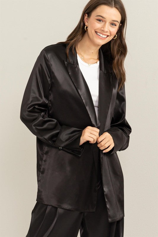 Party All The Time | Black Satin Long Sleeve Blazer