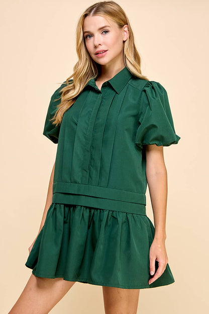 Enchanted Forrest -Pleat Detail Puff Sleeves Shirt Dress