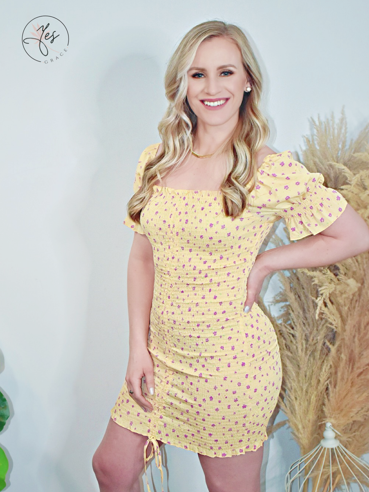 The Main Squeeze | Smocked Print Bell Sleeve Dress - Yellow
