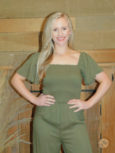 Load image into Gallery viewer, Show Off! | Olive Smocked Jumpsuit
